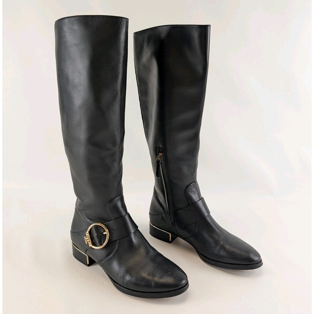 Tory Burch Womens‎ Black Leather Riding Boots Sz 7.5M Gold Logo Buckle Knee High